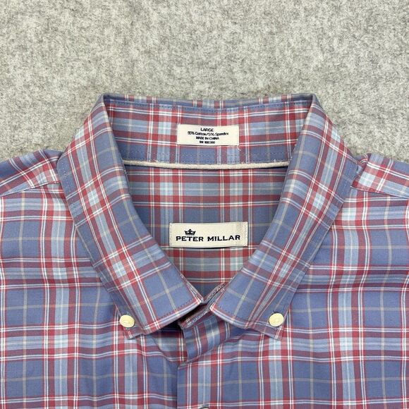 Peter Millar Crown Sport Button Down Shirt Men’s Large Magenta Blue Plaid - Picture 2 of 10